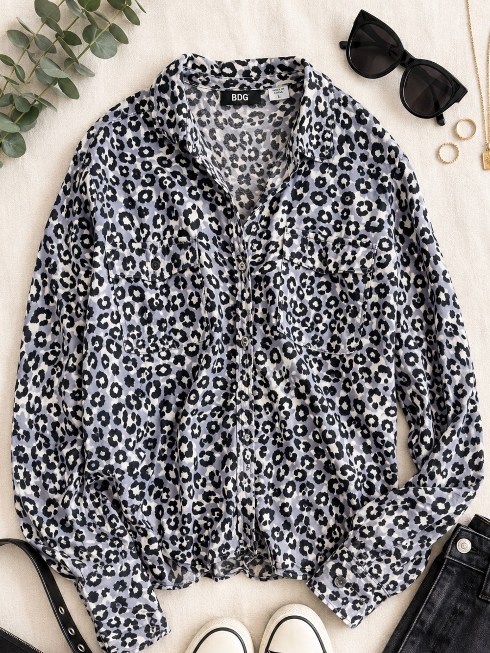 BDG Leopard Print Button Up Shirt Safari Y2K Grunge Festival Cotton Blouse L D97